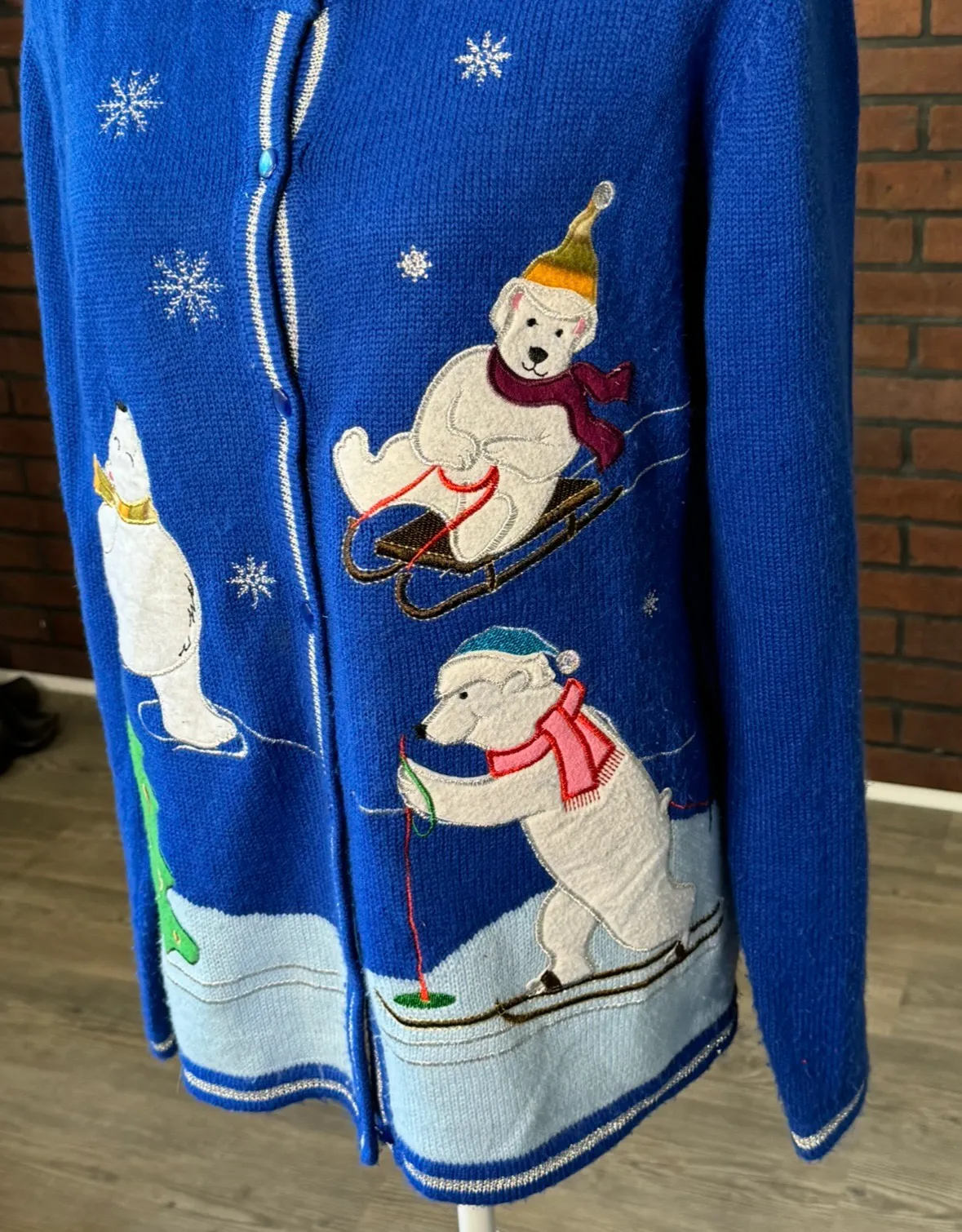 Polar Bear Christmas Cardigan Blue Size L - Image 2