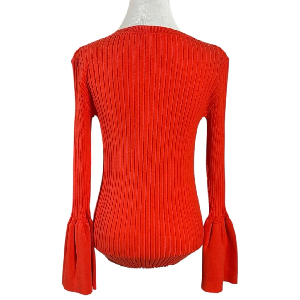 Cabi Hibiscus Trumpet Sleeve Ribbed Cardigan Sweater in Red Orange 5285 Small - Image 9