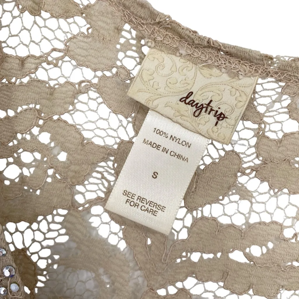 Daytrip Beige Sheer Lace Embellished Beaded Tank Top - Image 7