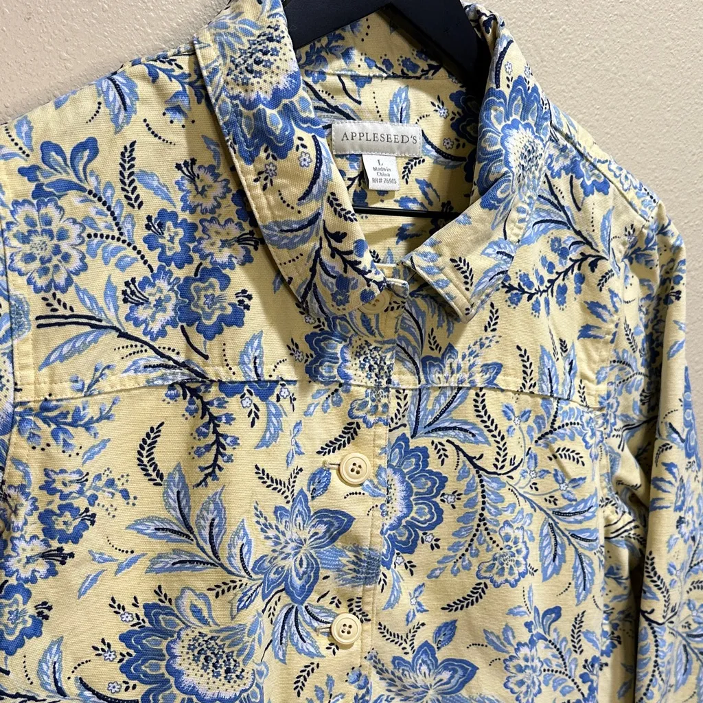 Vintage Appleseeds Size Large Yellow/Blue Floral Button Up Jacket Blue - Image 4