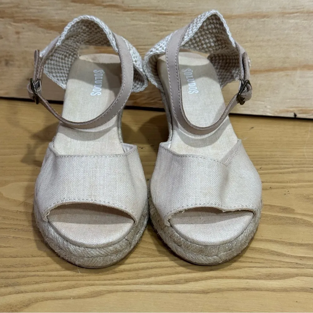 Soludos Espadrille Wedge Sandals Tan Canvas Peep Toe Ankle Strap Women Size 8.5 - Image 3
