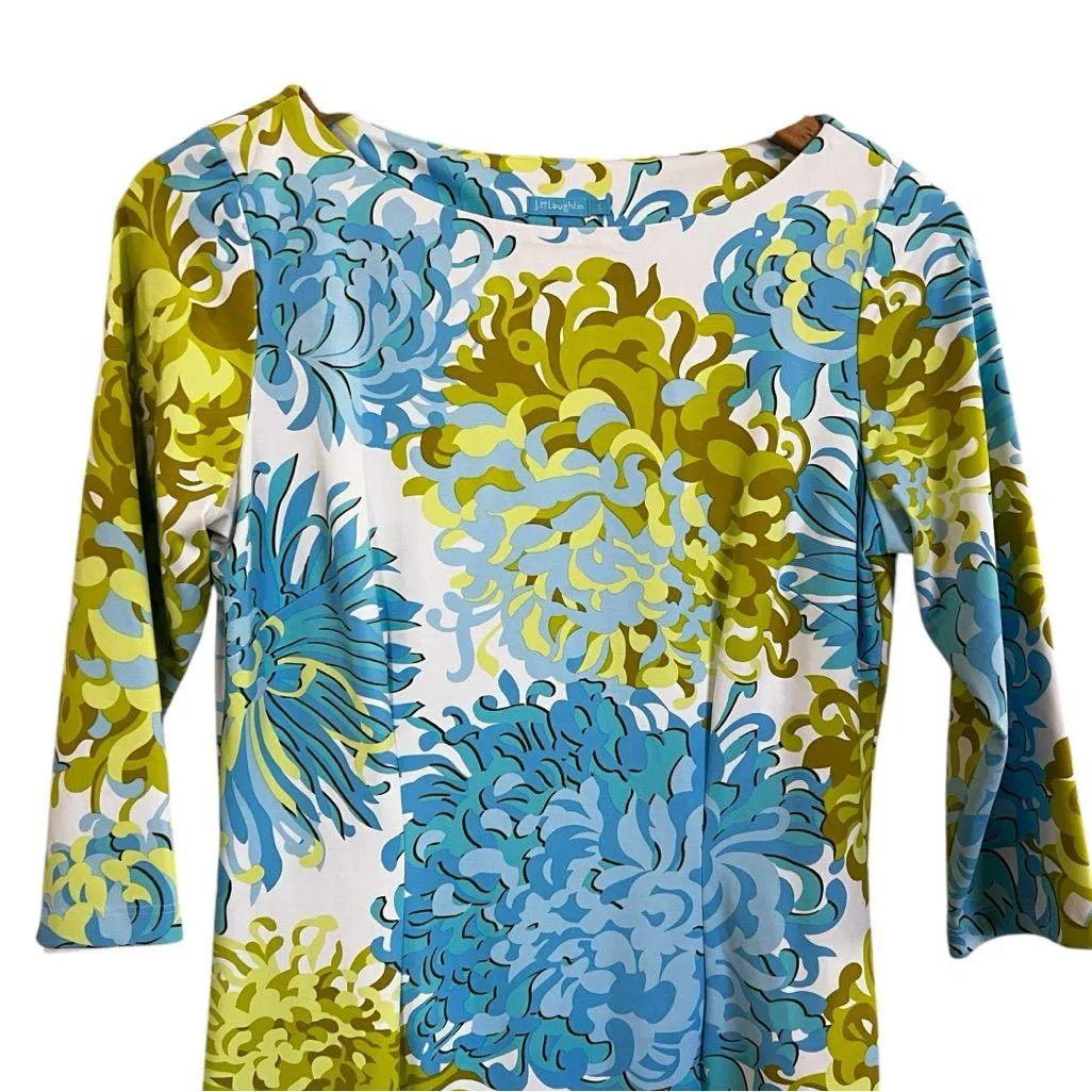 J. McLaughlin Teal and Lime Green Quarter Sleeve Ride Ruched Knee Length Dress S - Image 2