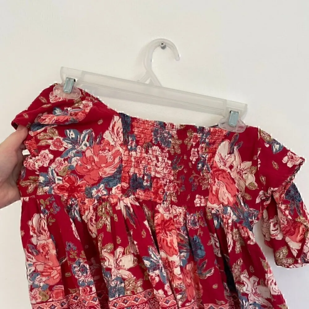 ANGIE Split Neck Top Red Pink Floral Off the Shoulder Short Sleeve Boho Crop Top - Image 11