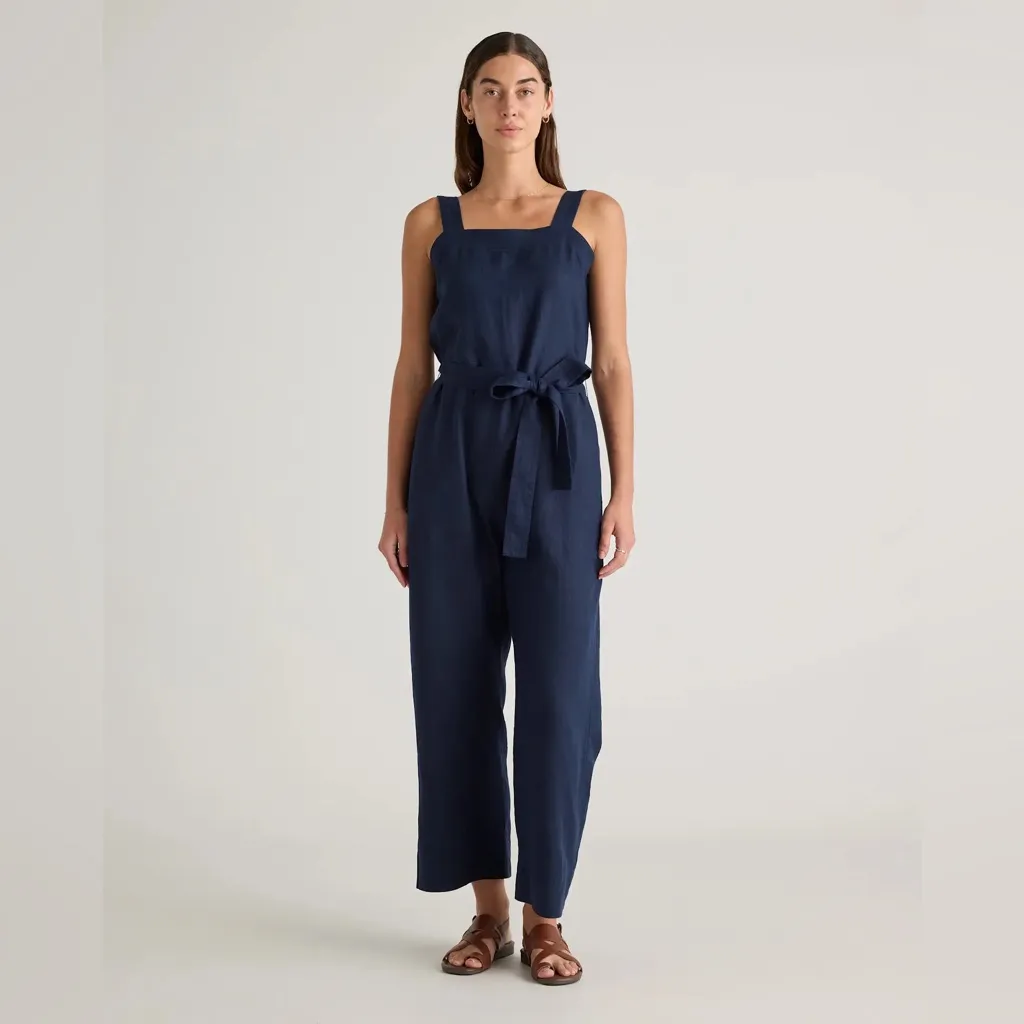NWT QUINCE women's 100% European Navy Blue linen square neck jumpsuit Sz XS - Image 6