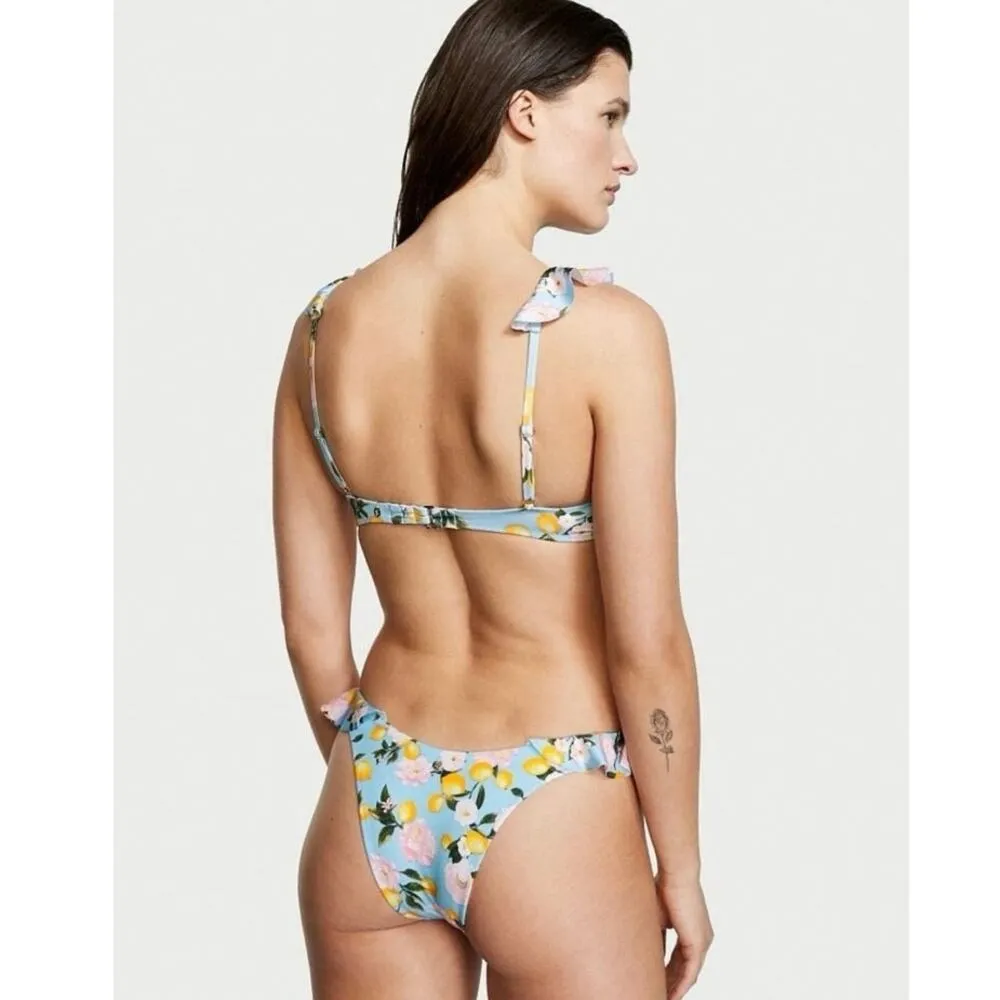 Victorias Secret 2pc Bikini Swim Set XL Ruffle Brazilian Bottom Blue Lemons nwot - Image 2