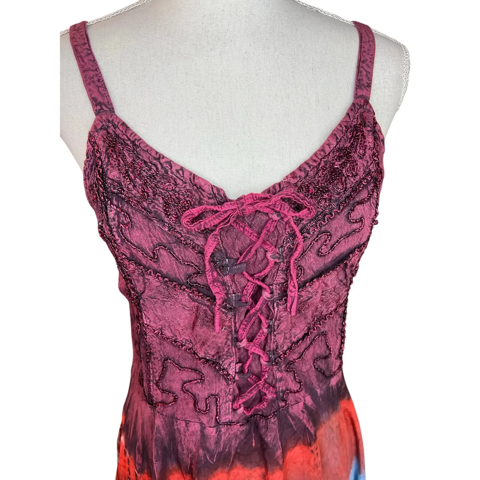 Vintage Fairycore tank top tie dye 90s hippie festival whimsygoth beaded Blue Size L - Image 3