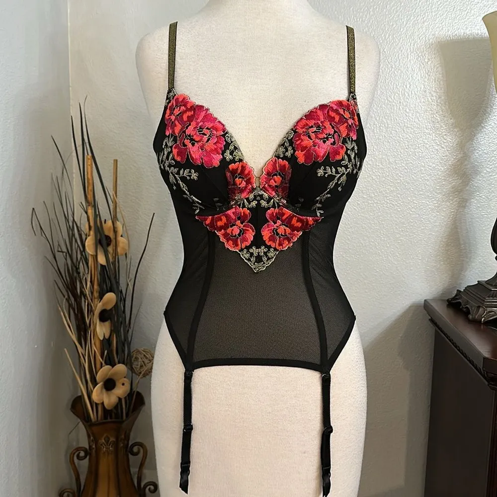 Victoria’s Secret Embroidered Push Up‎ Garter Slip Red And Black Size 34C - Image 12