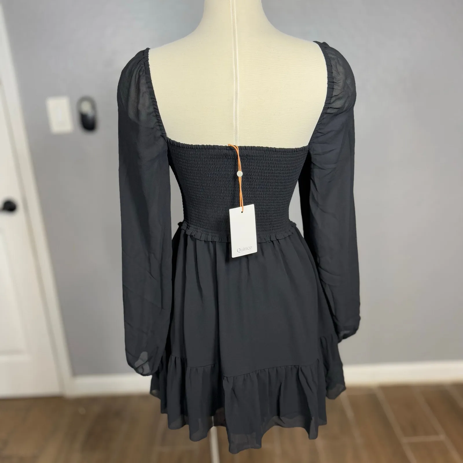 Quince Chiffon Smoked Mini Dress, Black, S - Image 3