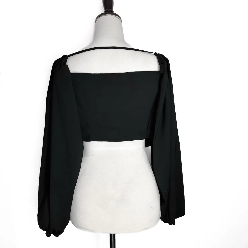 Hers & Mine Black Long Sleeve Front-Tie Crop Top Size Small - Image 3