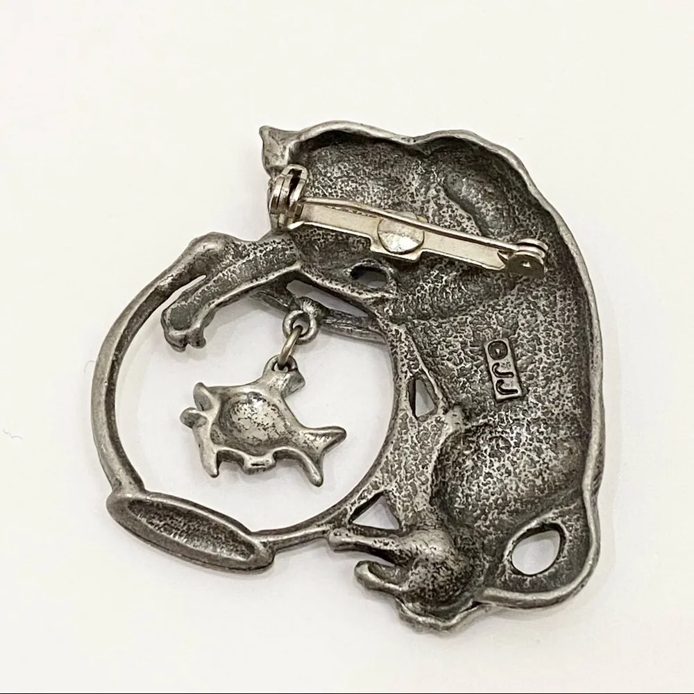 JJ Signed Pewter Cat Catching Fish In Bowl Brooch - Image 10