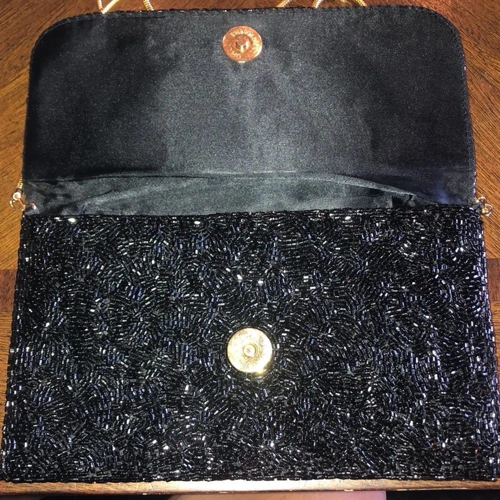 Valerie Stevens Black & Gold Tone Vintage Seed Bead Beaded Evening Bag Clutch - Image 8