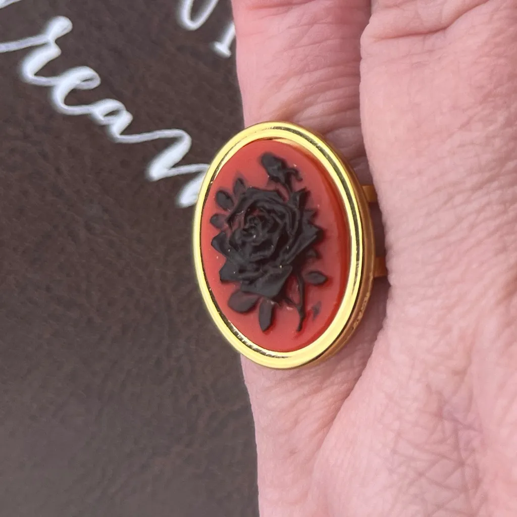 Handmade Black Rose Cameo Ring Adjustable - Image 8