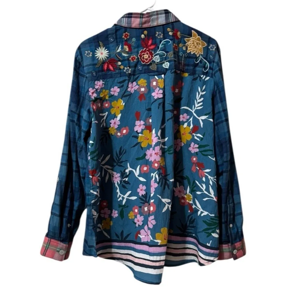 John Mark Women Size Large Button Down Floral Embroidered Flannel Boho Peasant - Image 2