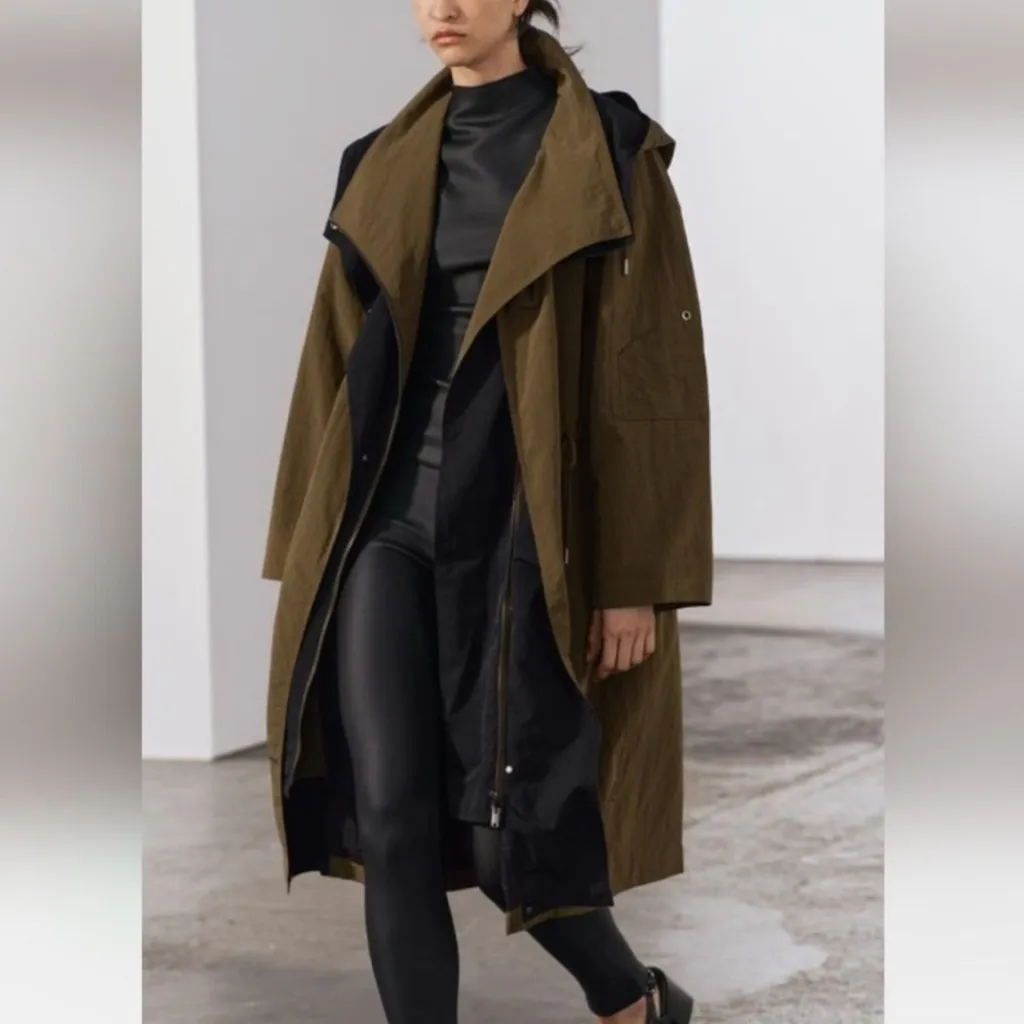 ZARA ZW Collection Oversized Water-Repellent Hooded Trench Coat Khaki Sz S NEW - Image 2