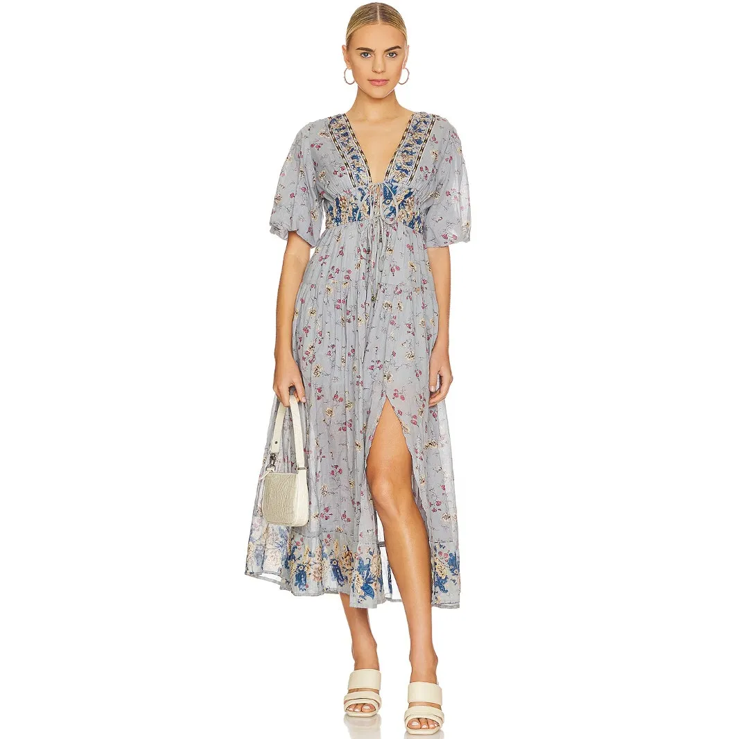 Free People Lysette Maxi Dress Floral Boho Cottage Romantic Fairy Blue Small - Image 15