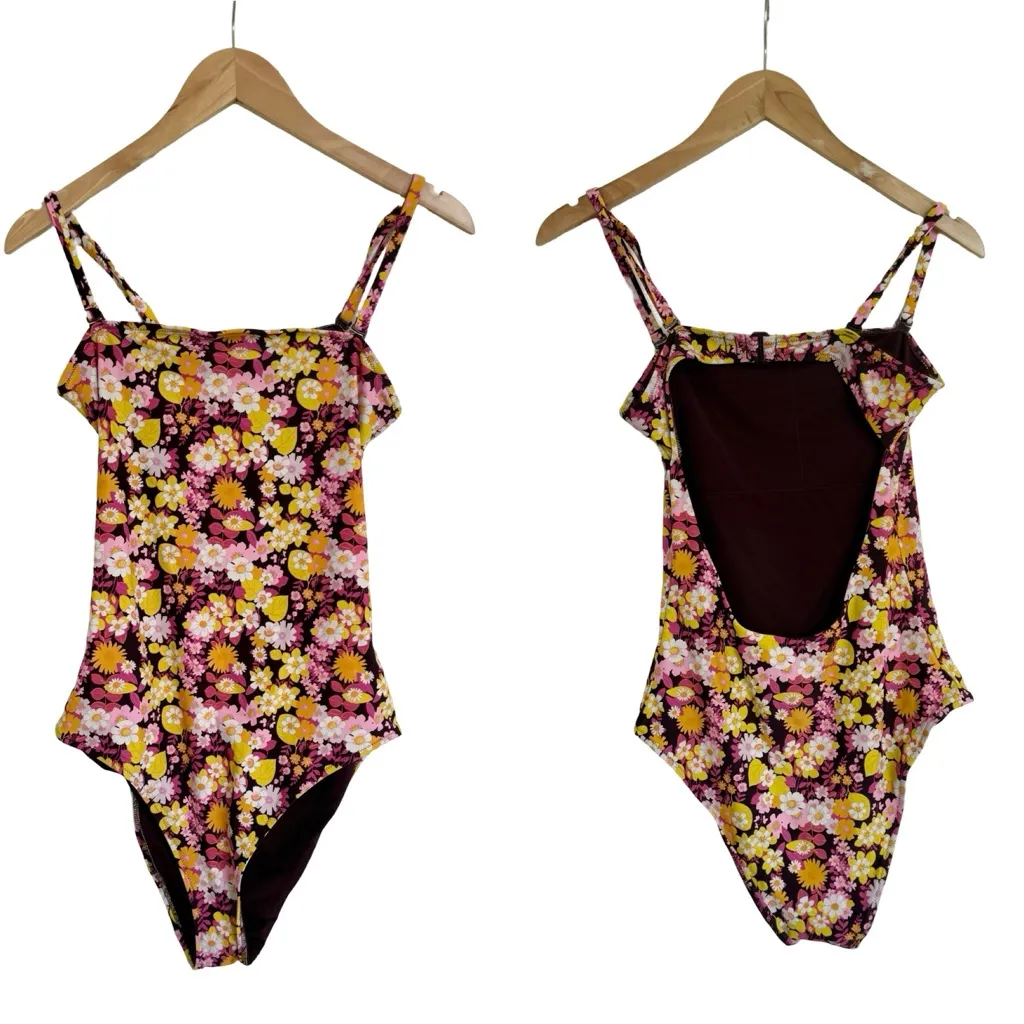Aerie Floral One-Piece Swimsuit Floral Colorful Pink Orange Yellow Black M - Image 2