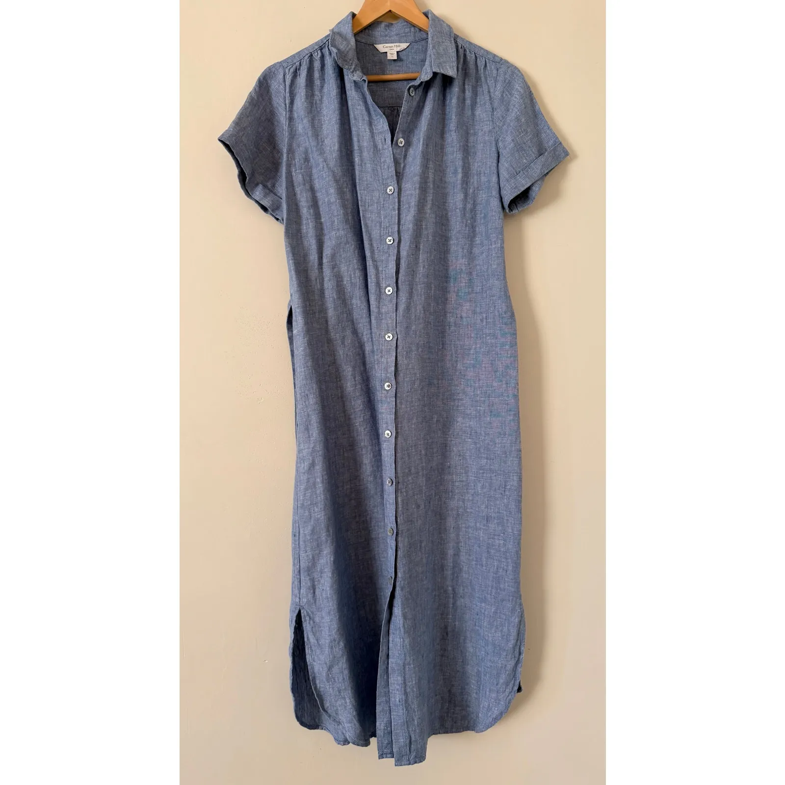 Garnet Hill Darcy Linen Shirtdress Chambray Denim Sky Blue Tie Waist 12 Dress - Image 4