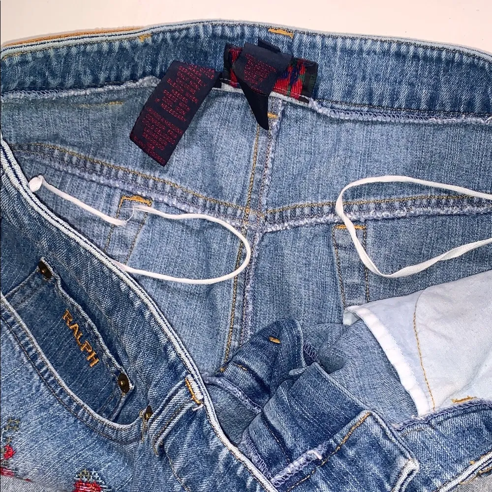 Vintage RALPH Lauren Denim Mini Skirt CrossStitch Floral Roses Embroidery 10 Y2K - Image 13