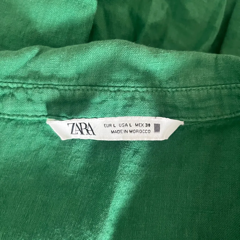 Zara Green Linen Cropped Button-Down Short Sleeve Shirt Size Large - Image 3