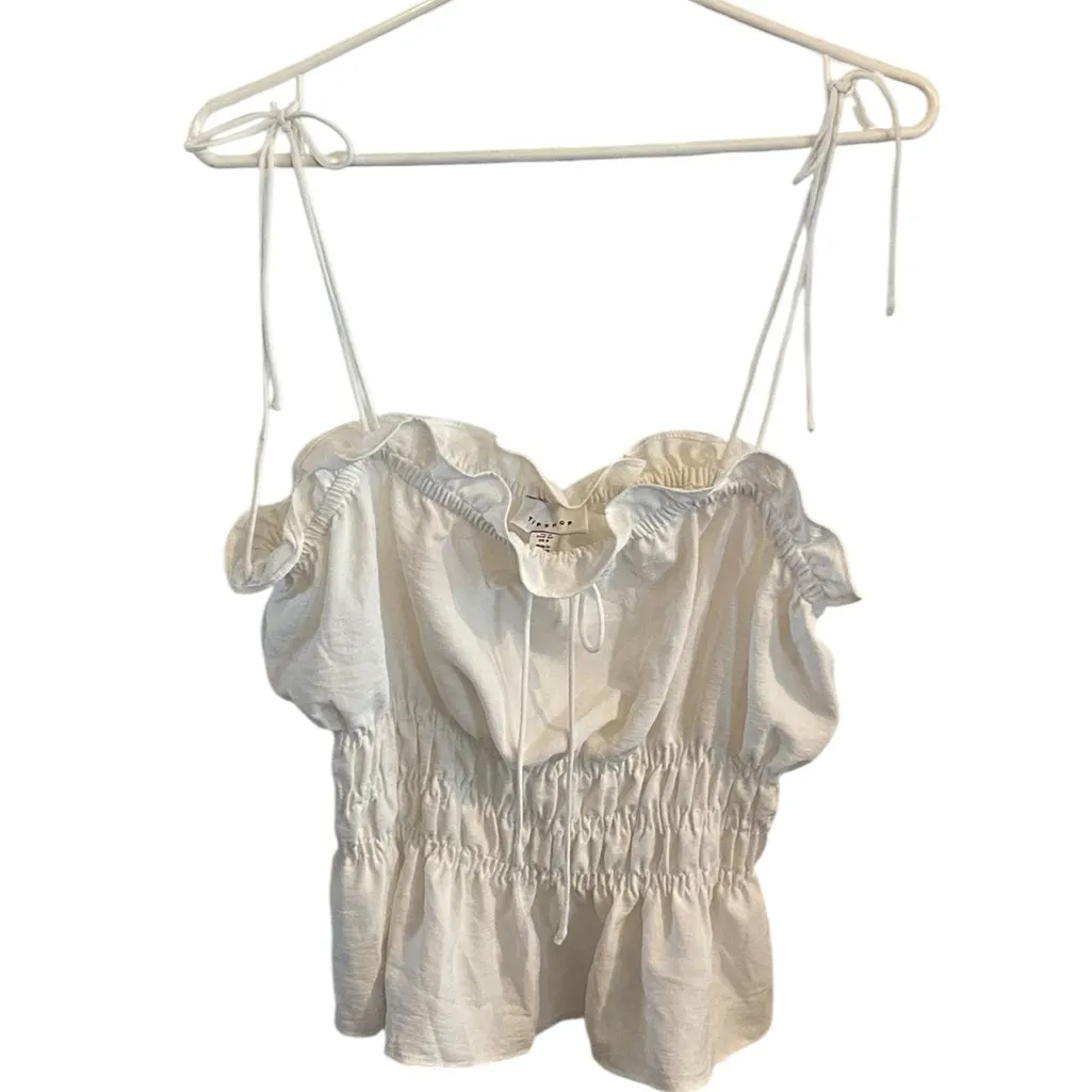 Top shop off White Camisole Peplum tie straps bow milkmaid cottagecore tank top - Image 3
