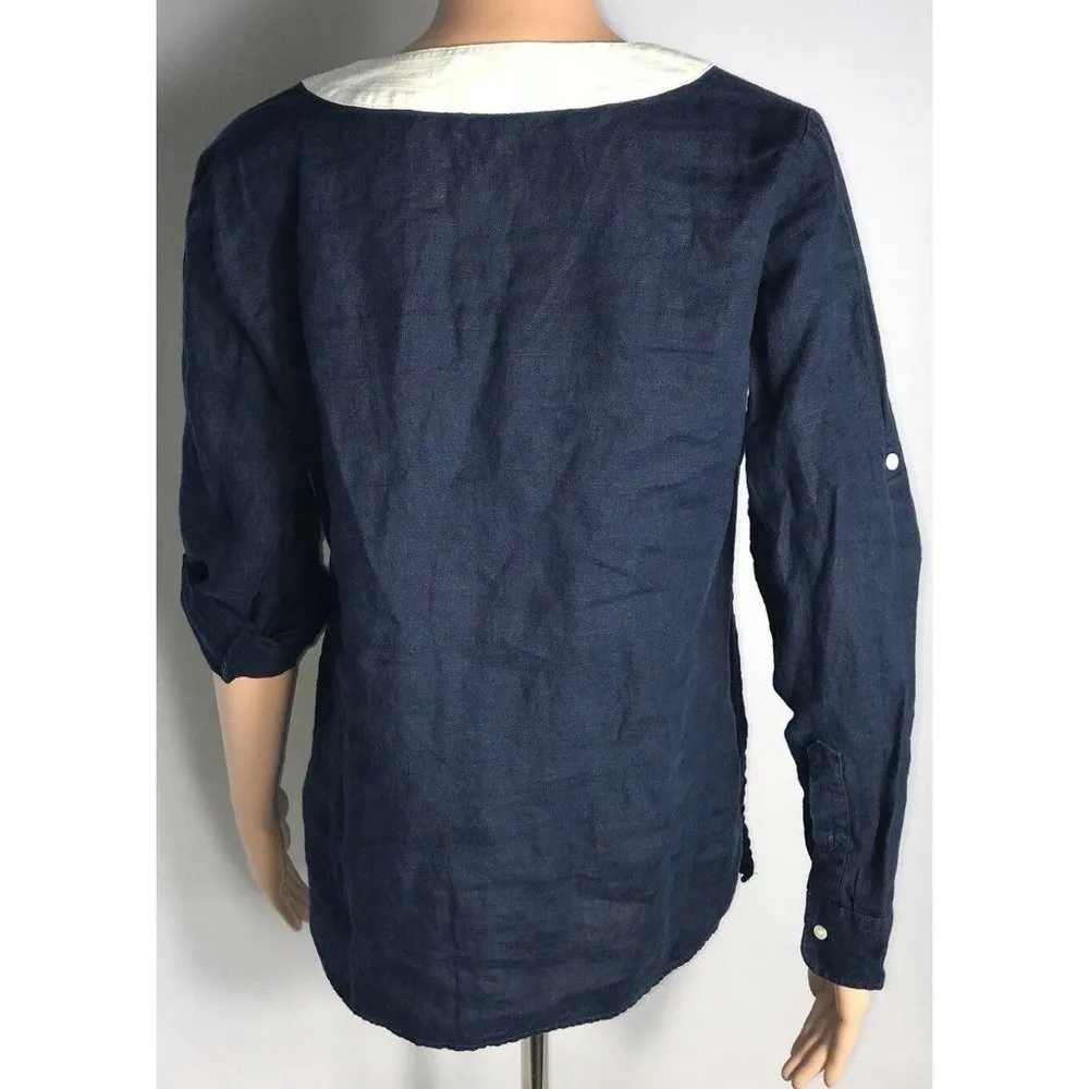Lauren Ralph Lauren Womens Linen Top Navy Blue Small Long Roll Up Sleeve V-Neck - Image 6