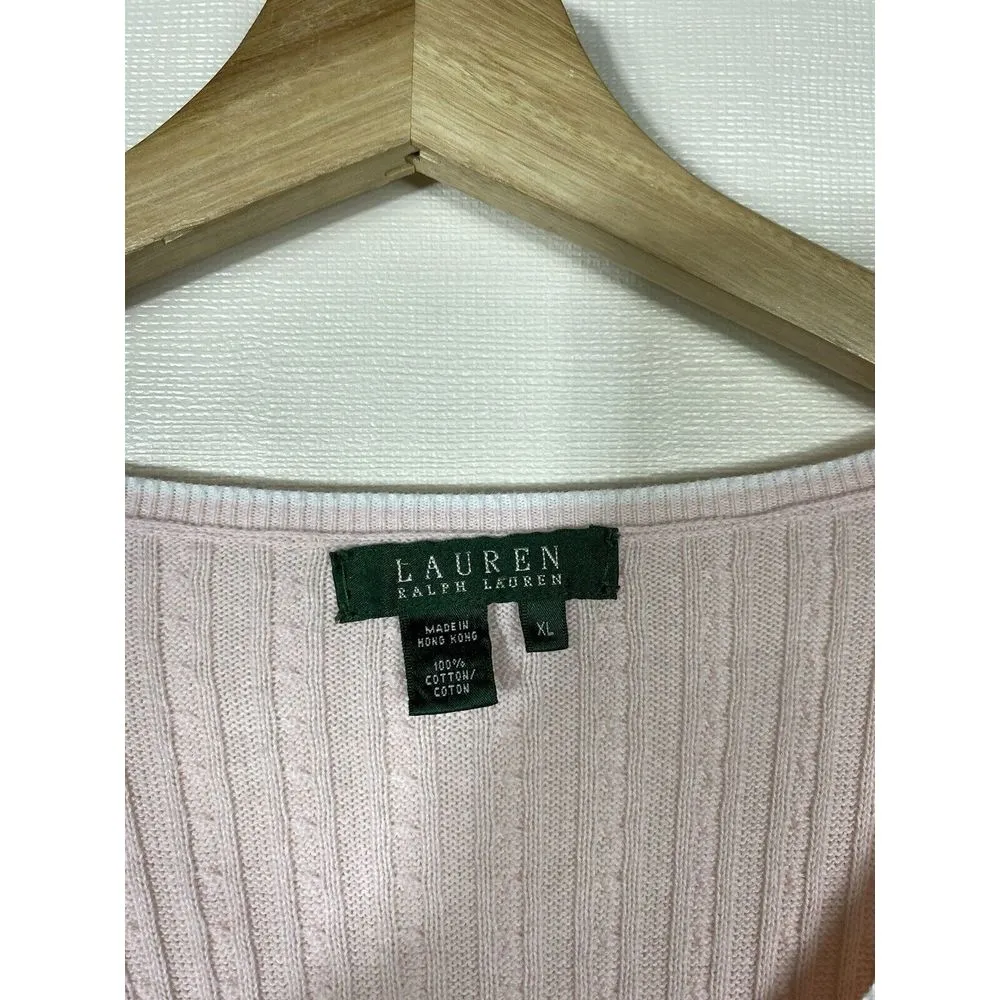 Lauren Ralph Lauren Women Sweater Light Pink L V-Neck Cable Knit Pullover Cotton - Image 4