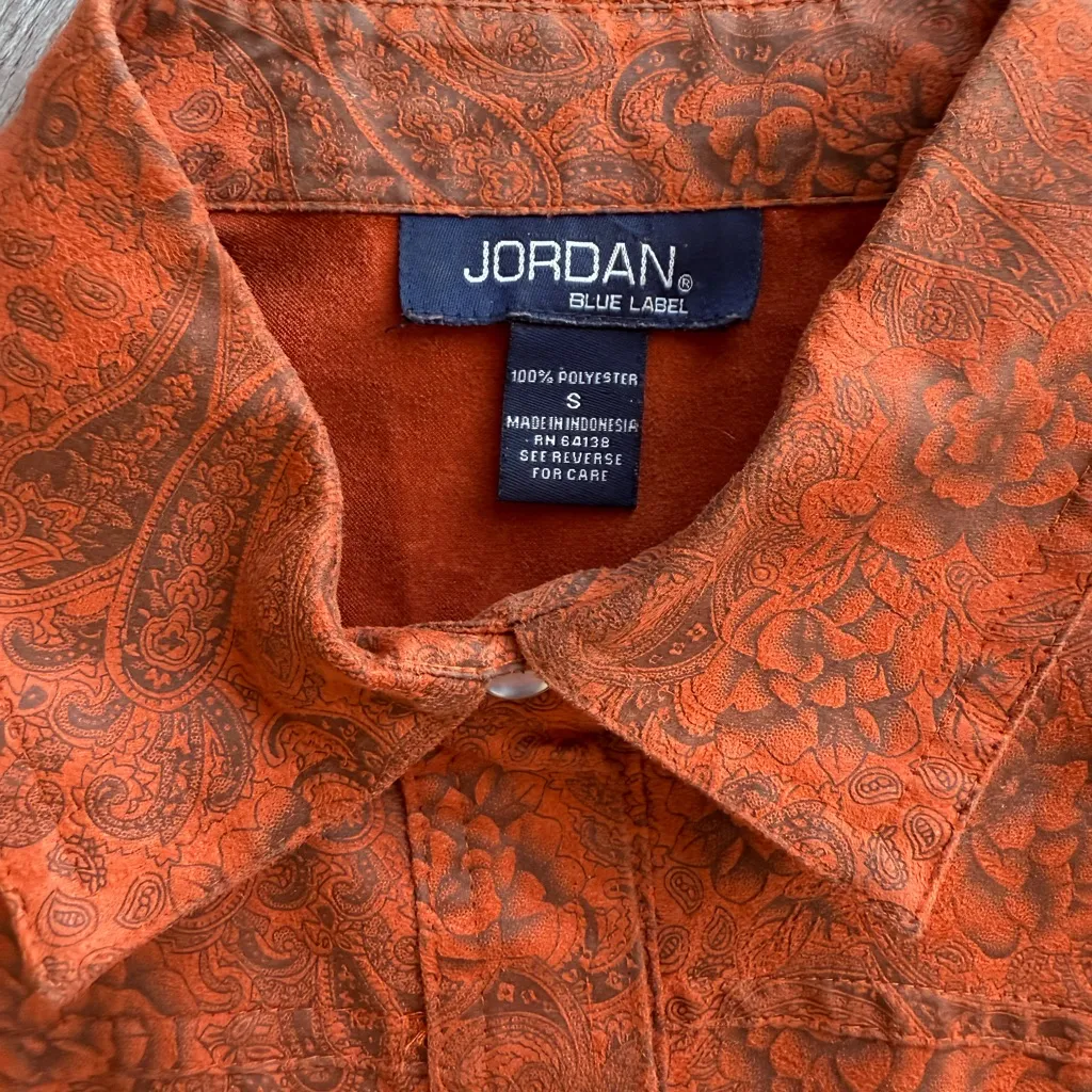 JORDAN Blue Label Women’s Sz Small Western Shirt Orange Printed Pearl Snap - Image 2