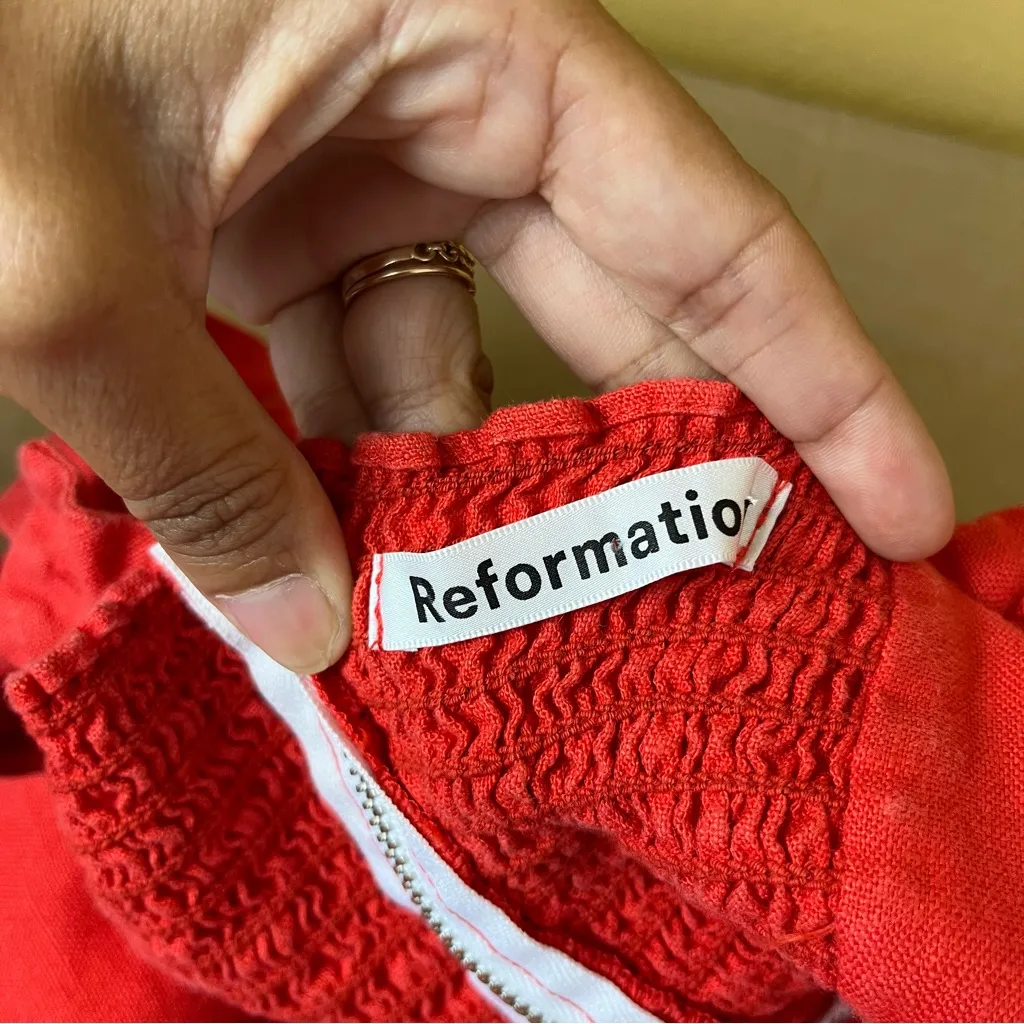 Reformation Orange Red Linen Tie Front Dress - Image 6