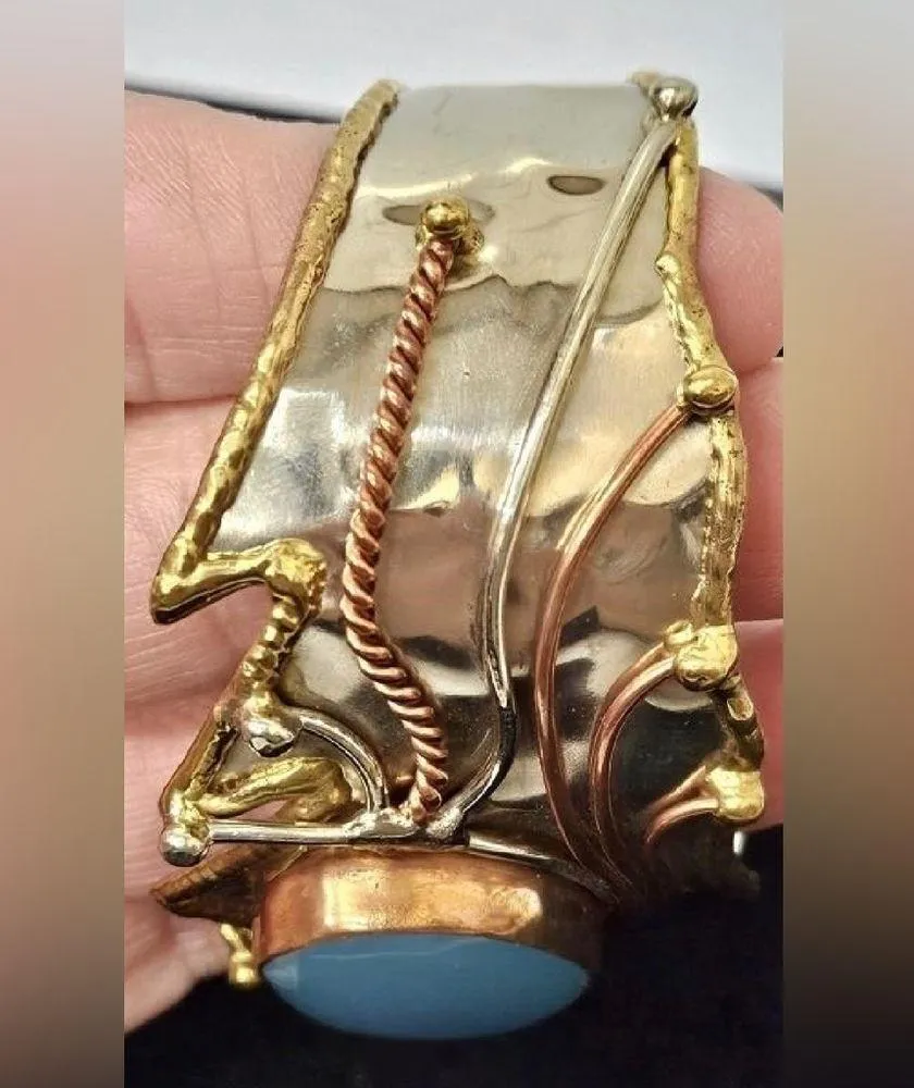 Vintage Brutalist Metalwork Cuff Bracelet Abstract Chalcedony Stone Mixed Media Multiple - Image 6