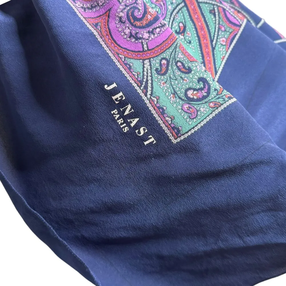 Vintage Silk‎ Womens 100% Silk Scarf JENAST Paris Floral Paisley Statement Wrap Blue - Image 3