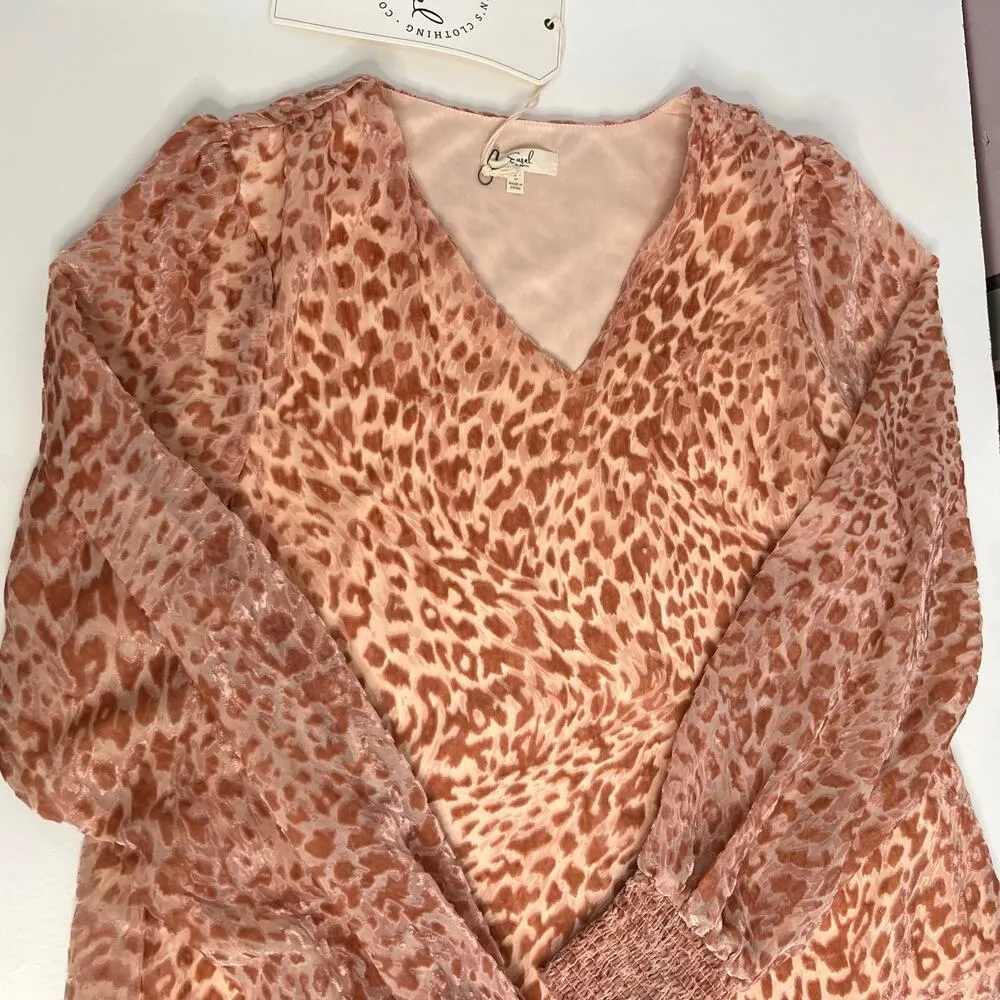 Easel Leopard Animal Print Blouse Peach Semi Sheer Velour V-Neck NWT Boho Glam S - Image 11