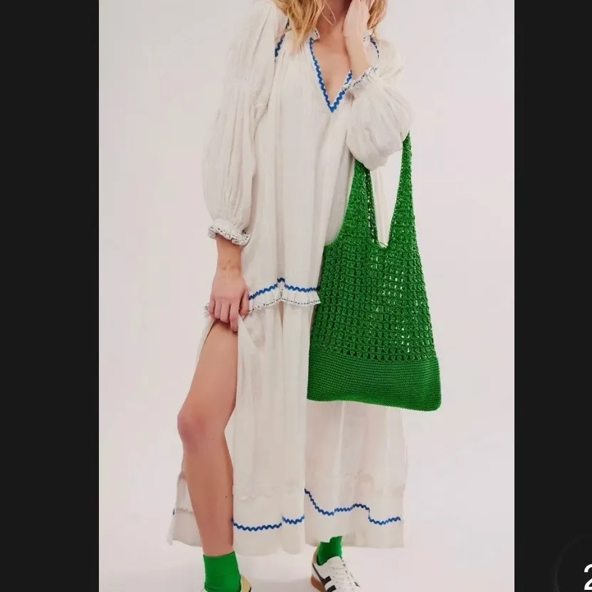 Free People White Blue Woven Thank Me Later Long Puff Sleeve Tiered Maxi Dress - Image 14