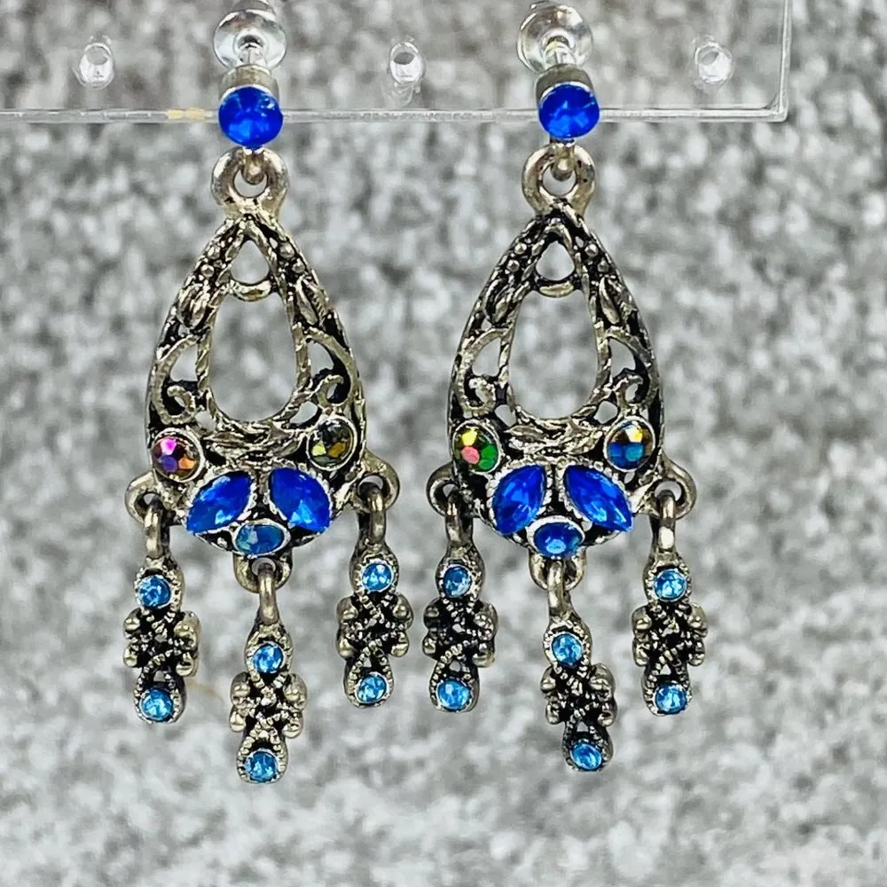 Earrings Pierced Dangle Drop Silver Color Metal Shades of Blue Rhinestones - Image 16
