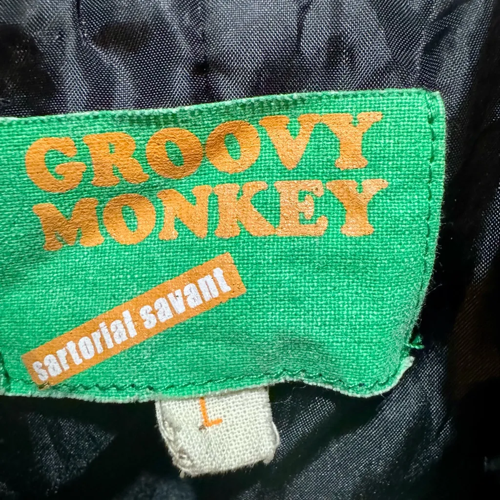 Groovy Monkey L Black Floral Embroidered Bomber Jacket Faux Leather Size L - Image 8