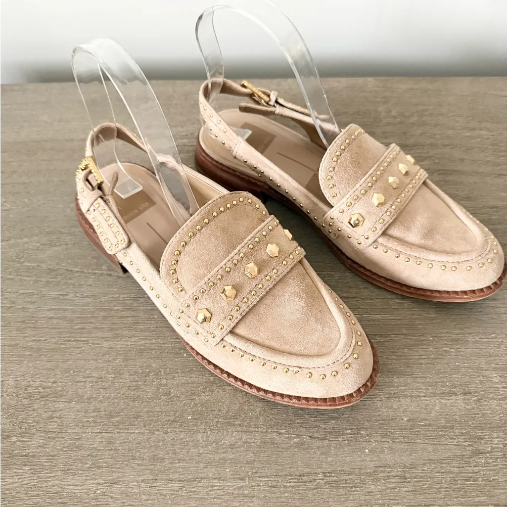 Dolce Vita Hardi Stud Sling Back Loafer in Camel Faux Suede Gold Studs Size 7 Tan - Image 2