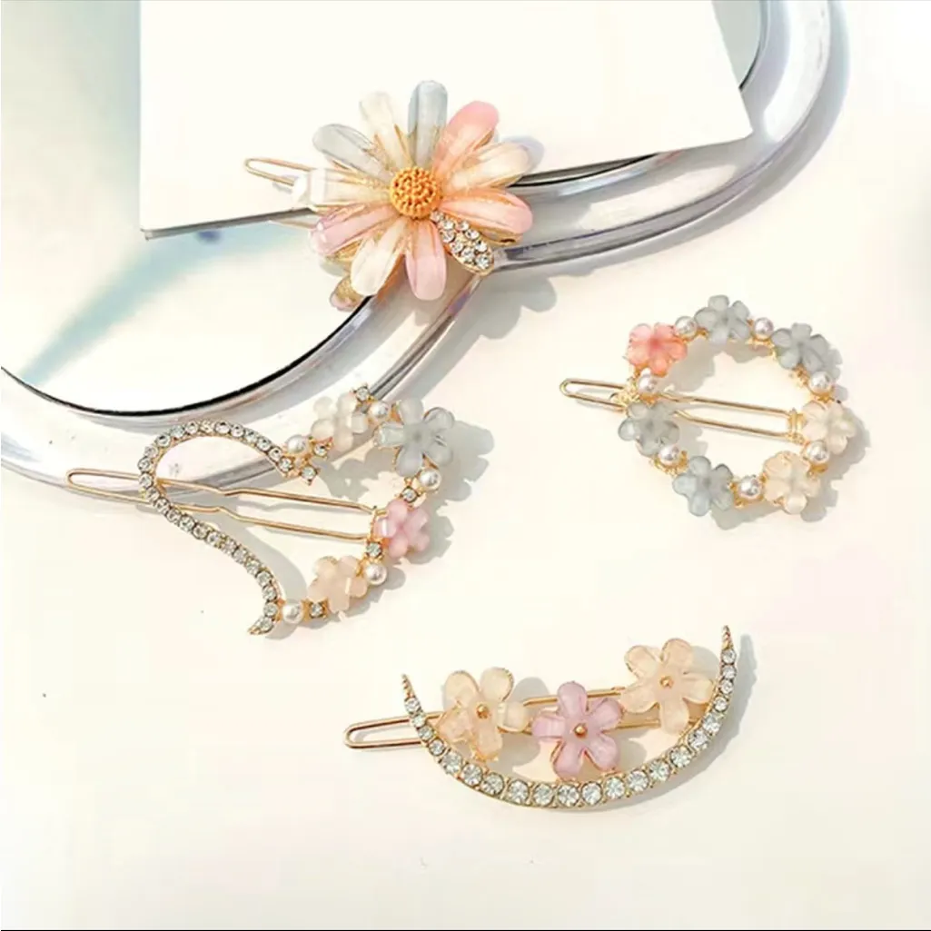 4pcs Flower Rhinestone Hairpins Elegant‎ Chic Hair Clips Zinc Alloy Gold Tone - Image 9