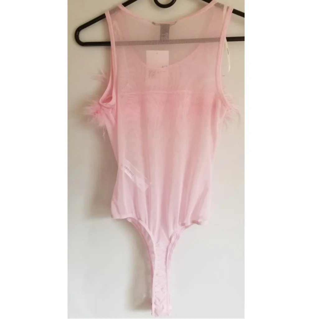 Forever 21 Pink Mesh Feathers Bodysuit, Size Small - Image 4