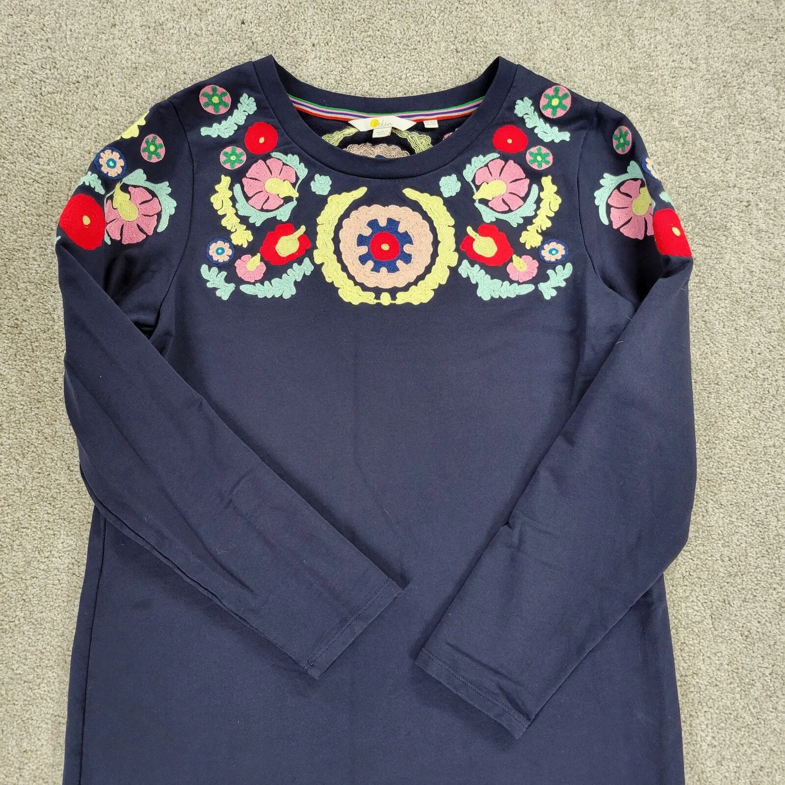 Boden Dress Womens 10 Navy Blue Thick Cotton Embroidered Floral Medallion - Image 7