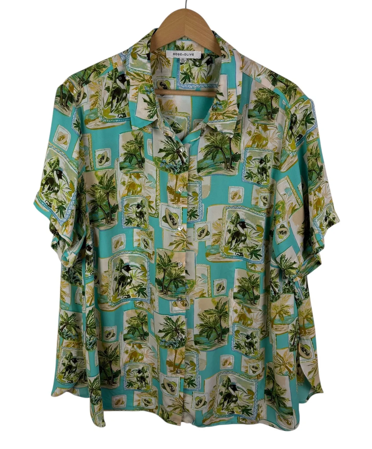 Rose + Olive Tropical Palm Tree Hawaiian Button Up Shirt 1X Lightweight Resort Blue - Image 1