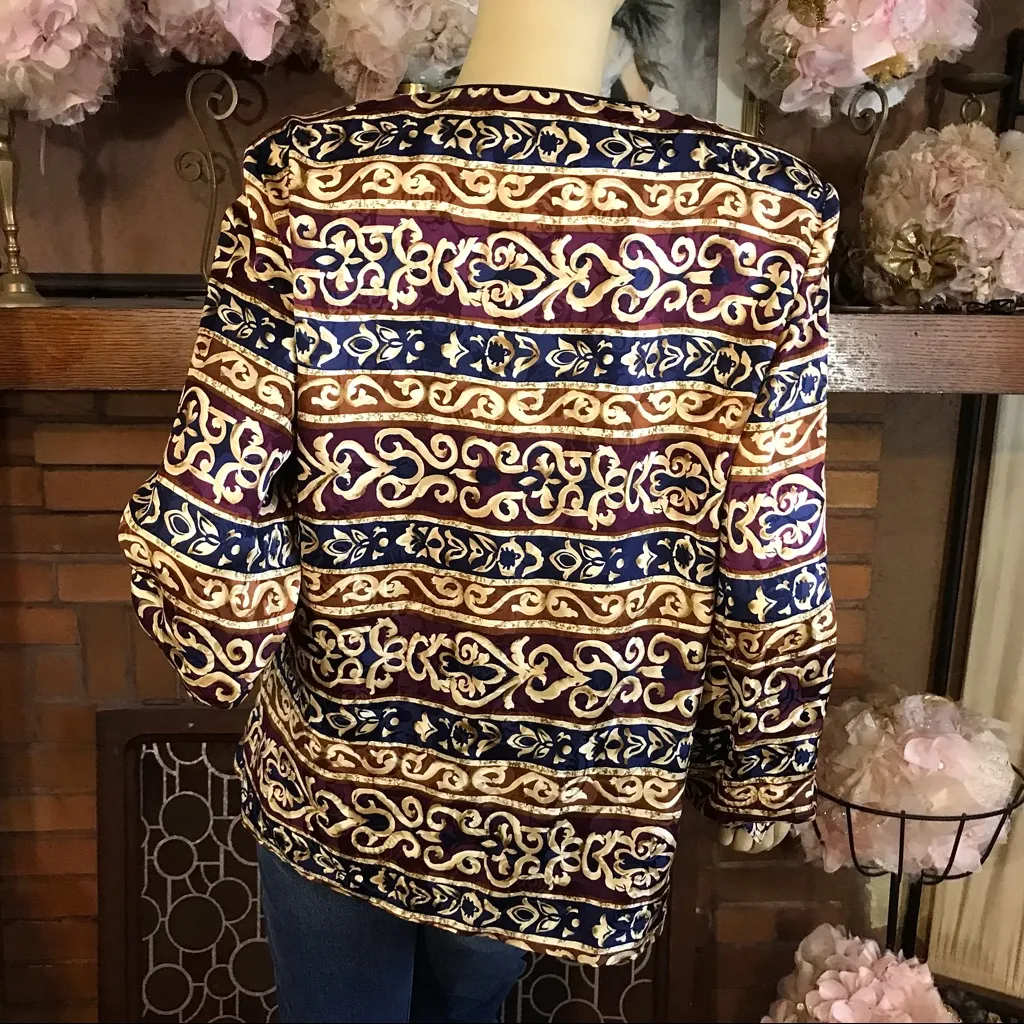 VINTAGE 1980'S MAGGY LONDON MAROON & CREAM SILK BLOUSE (10) Blue - Image 4