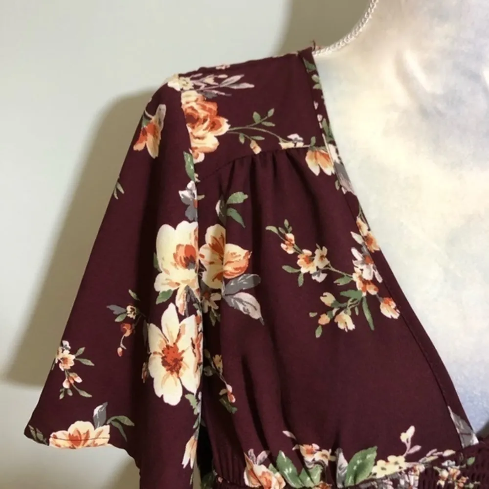 NWOT Burgundy Wine Maroon White Cream Floral Flutter Short Sleeve Mini Dress New - Image 12