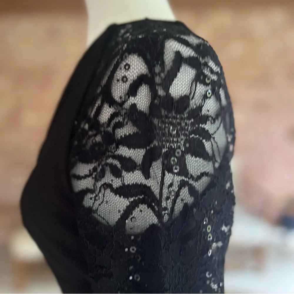 Betsy & Adam Dress Ruched Sequin Black Lace Long Sleeve 4 Cocktail Party LBD - Image 9