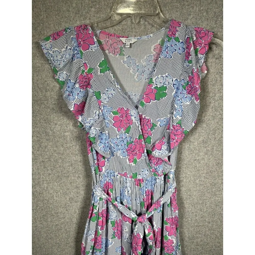 Crown & Ivy Midi Dress Size 2 Womens Floral Pink Blue Striped Frilly Ruffle - Image 3