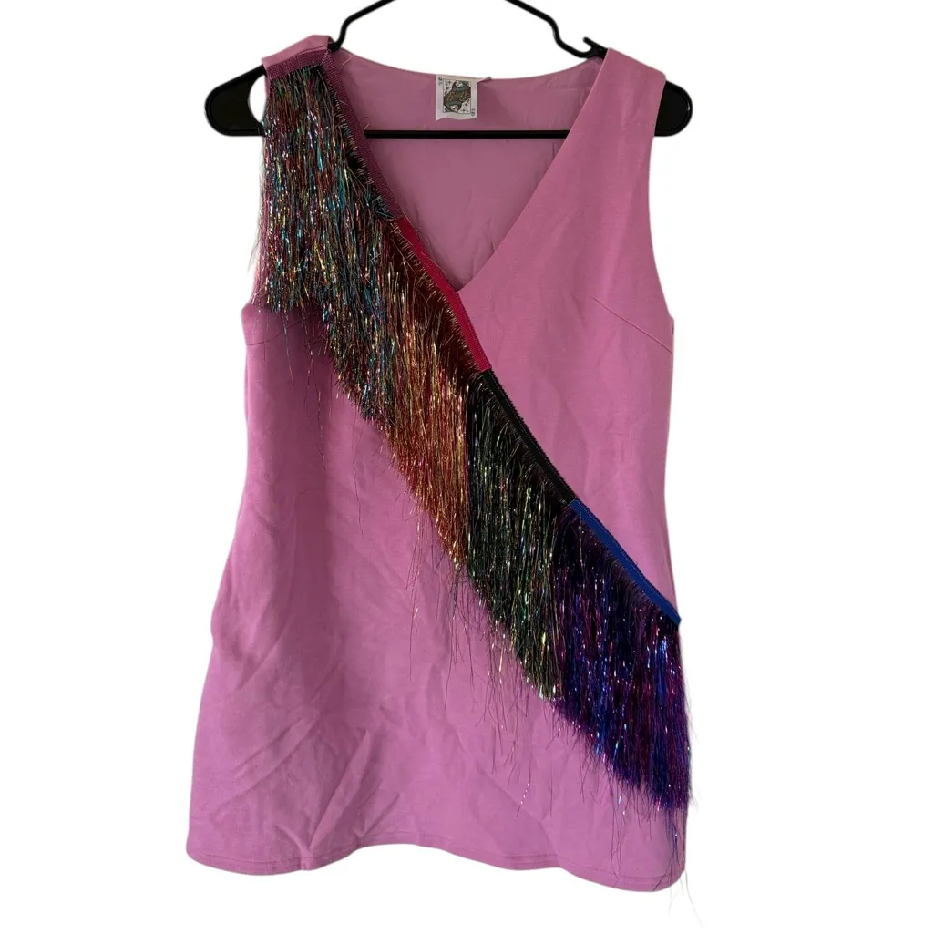 Queen of Sparkles Diagonal Metallic Fringe Dress Pink - Image 5