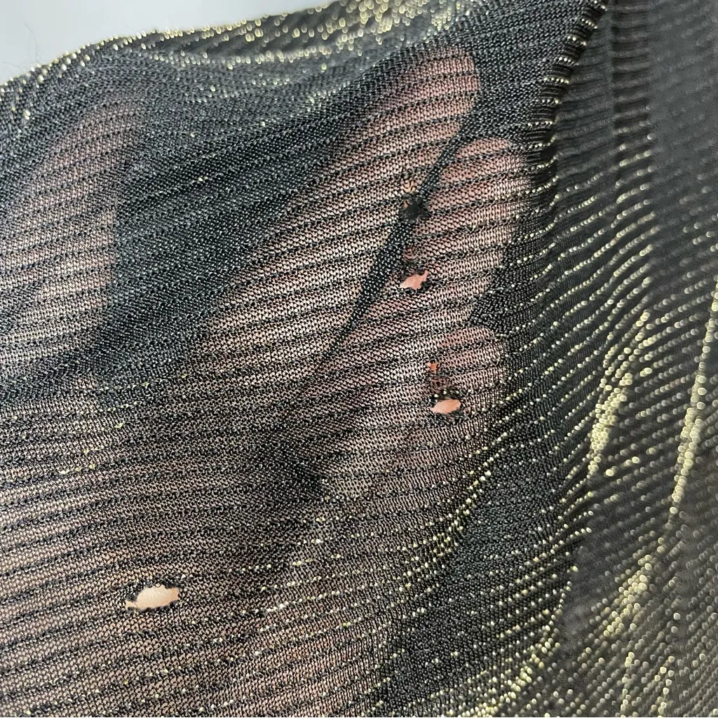 Vintage 70s Dress Metallic Gold Black Wounded Bird FLAWS Spaghetti Straps Pleats Size XS - Image 10