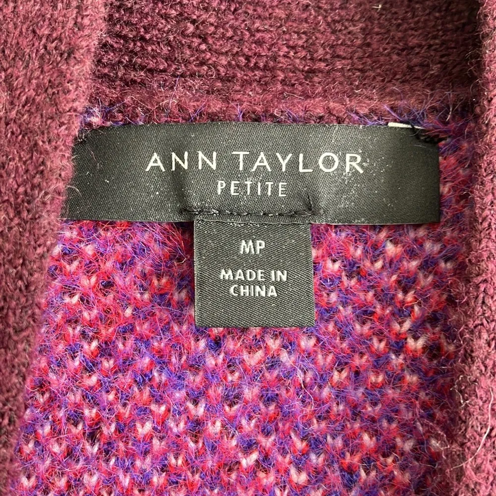 Ann Taylor Cardigan Sweater Plaid Maroon Blue Red Coat Long Medium Petite - Image 7