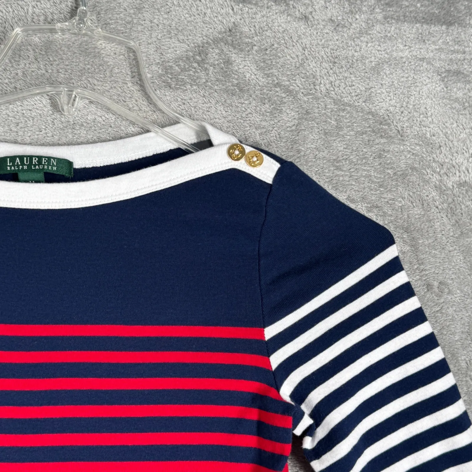 Lauren Ralph Lauren Shirt Striped‎ Nautical Button Detail Red White Blue Medium - Image 4