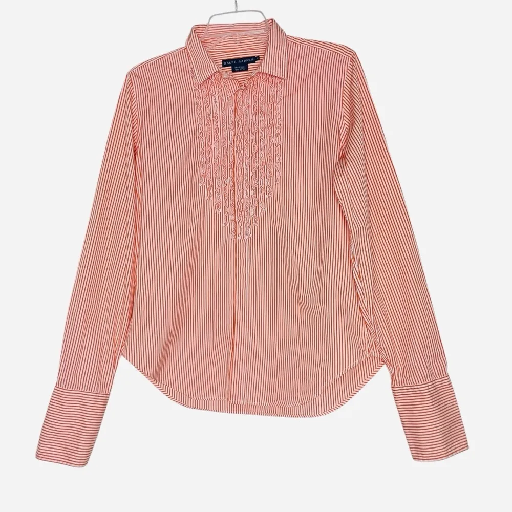 Ralph Lauren Ruffle Shirt Women Sz 14 Button UP Long Sleeve Orange White Striped - Image 2