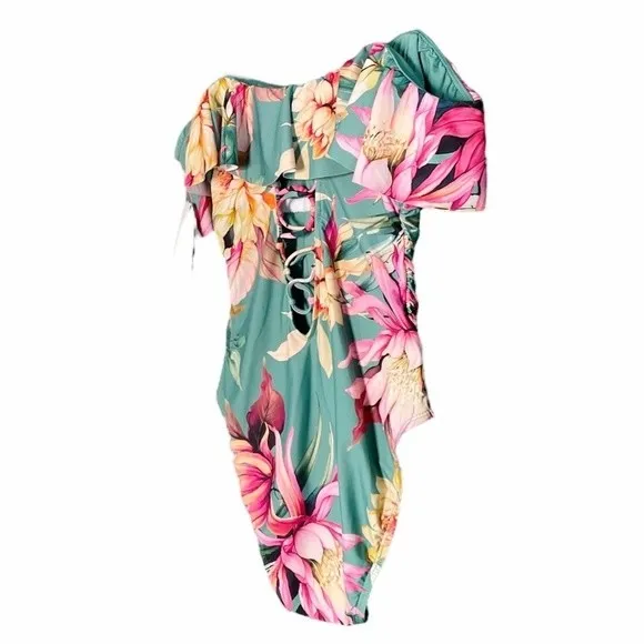 NWT La Blanca Jade Garden Floral Off Shoulder Ruffle One-Piece Swimsuit Size 8 - Image 9