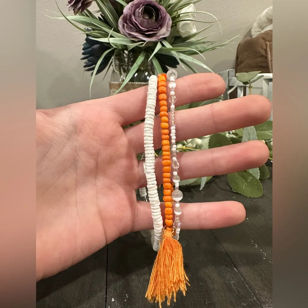 Vibrant Orange and White Beaded Bracelet Set - Image 2